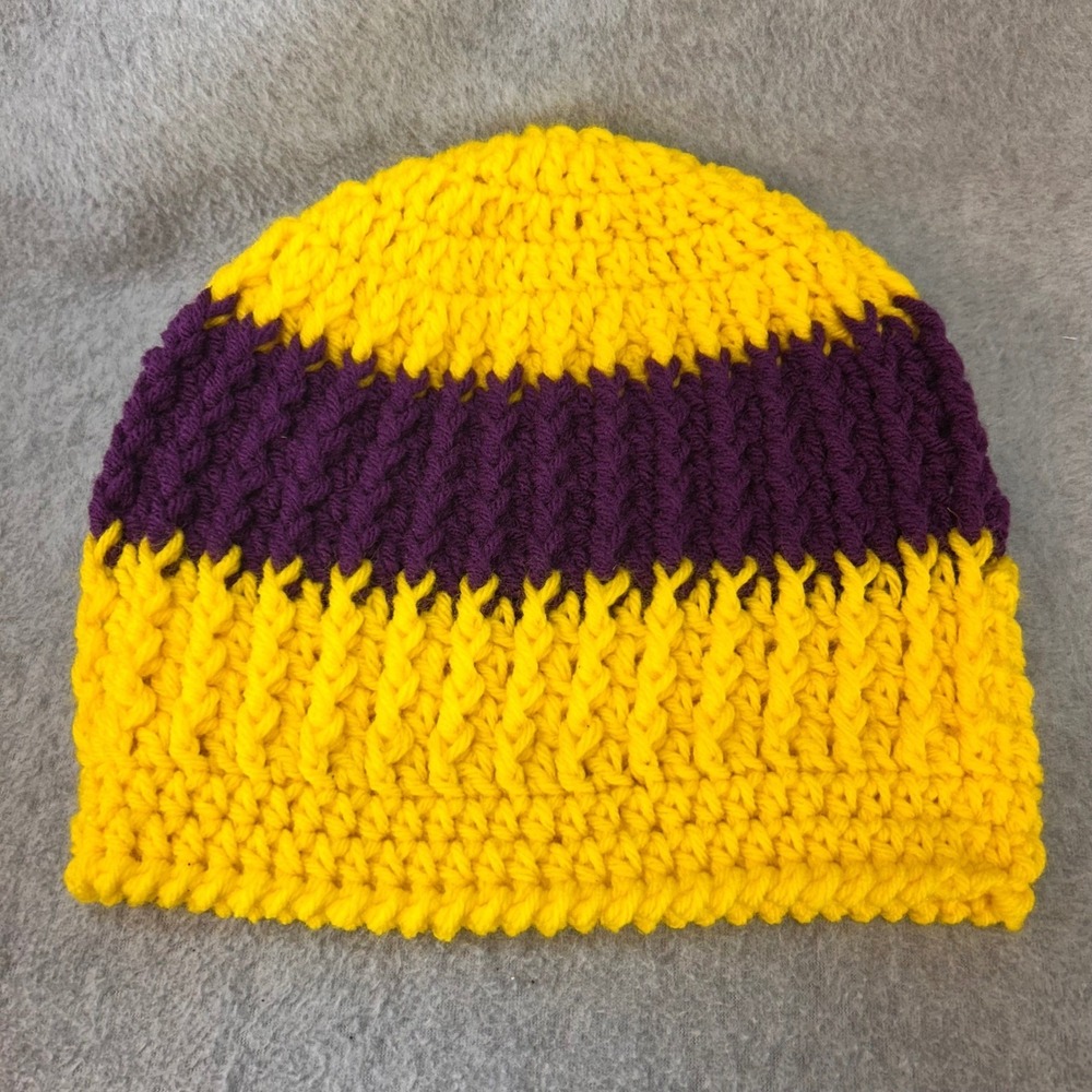 Striped Mens Yellow Purple Handmade Beanie Crochet Knit Winter Hat OSFM